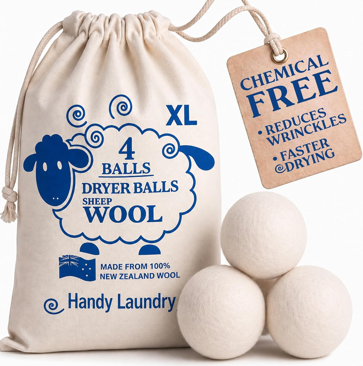 Wool Dryer Balls 4-Pack, Reusable Natural Fabric Softener