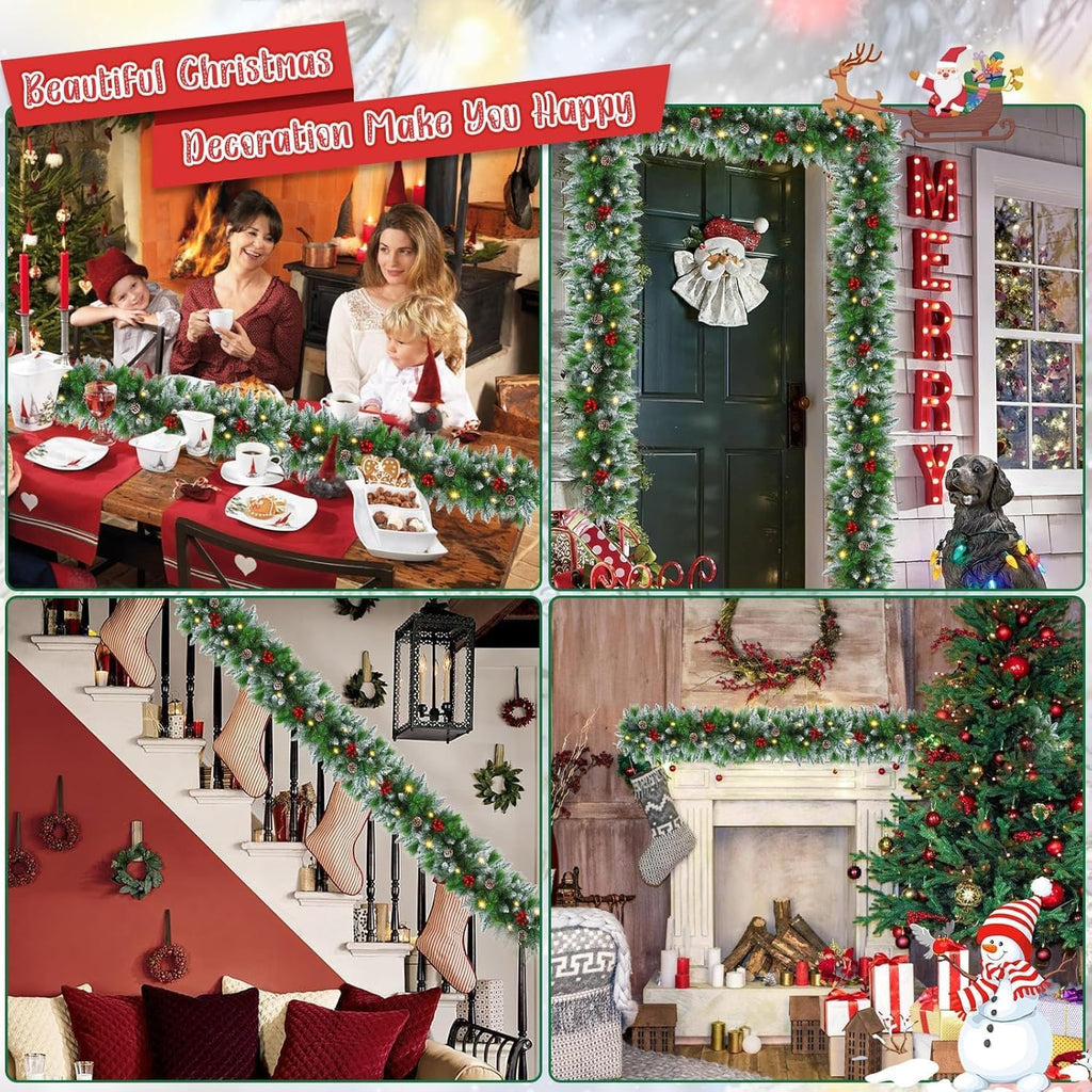 Christmas Garlands,2.7M/ 9FT Christmas Garland,Christmas Garland with Lights, and Berries