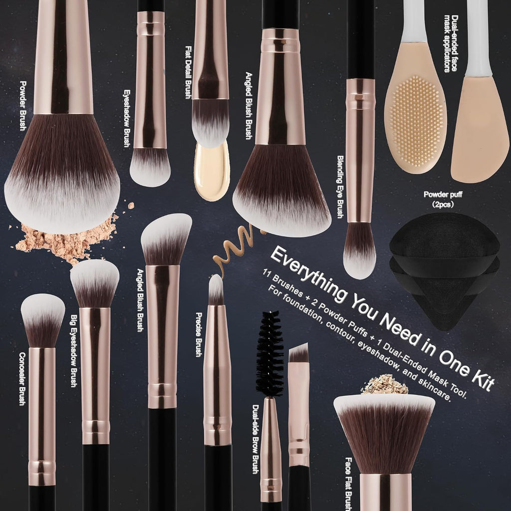 black Makeup Brushes Set 14 Pcs Professional, Synthetic Foundation Concealer Powder Blush Eyeshadow Brushes with 2