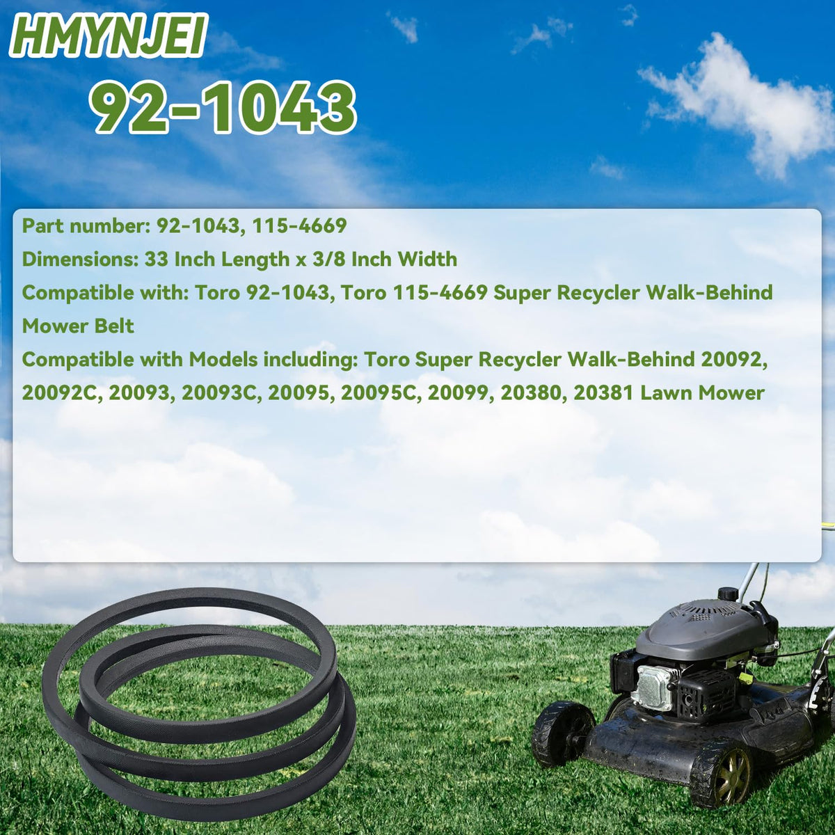 92-1043 Drive V-Belt for Toro 20092, 20092C, 20093, 20093C, 20095, 20095C, 20099, 20380, 20381 Super Recycler Walk-Behind Mower