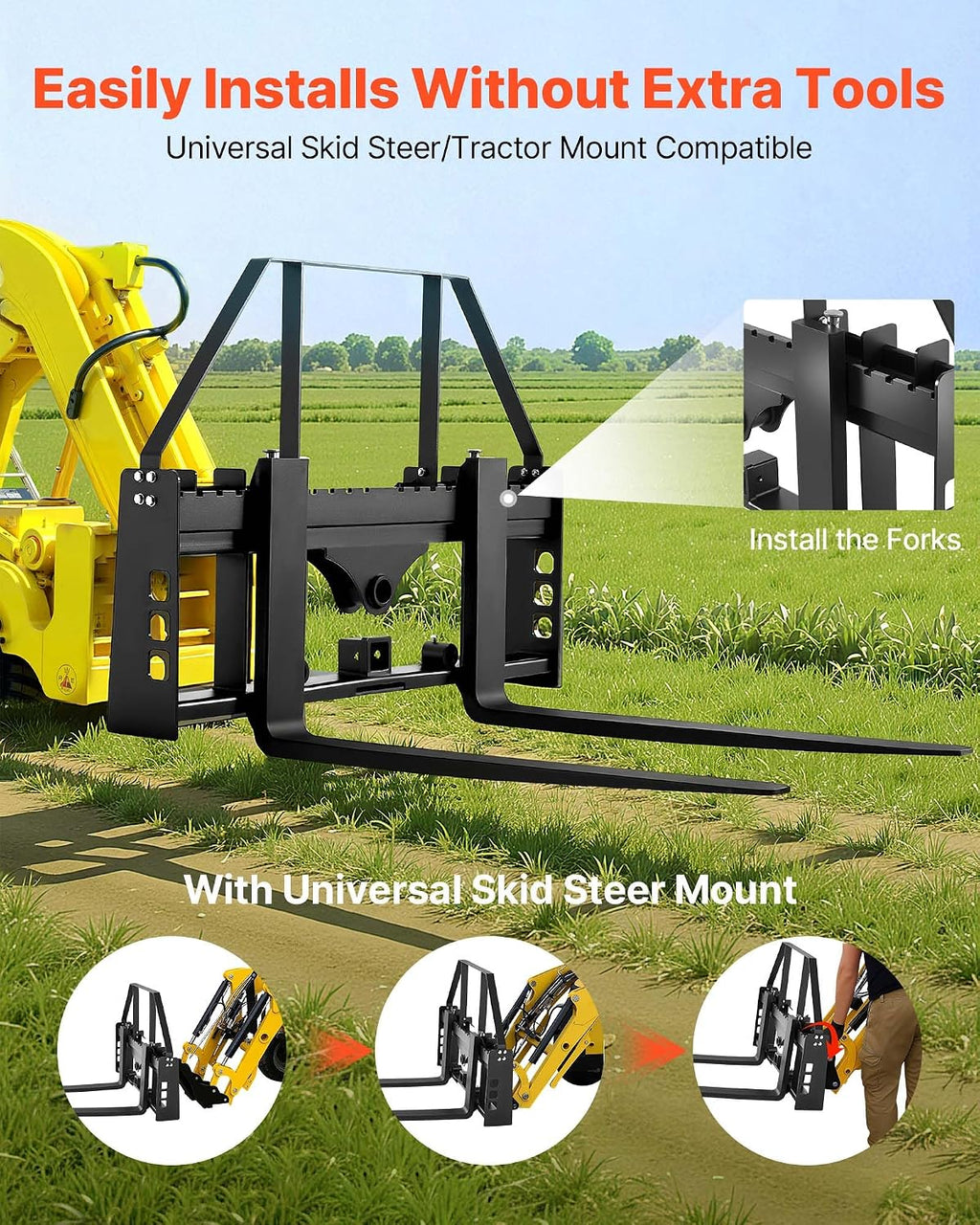 Skid Steer Pallet Forks, 45" Pallet Fork Frame with 48" Fork Blades, 2-inch Hitch Receiver & Spear Sleeves, Rated