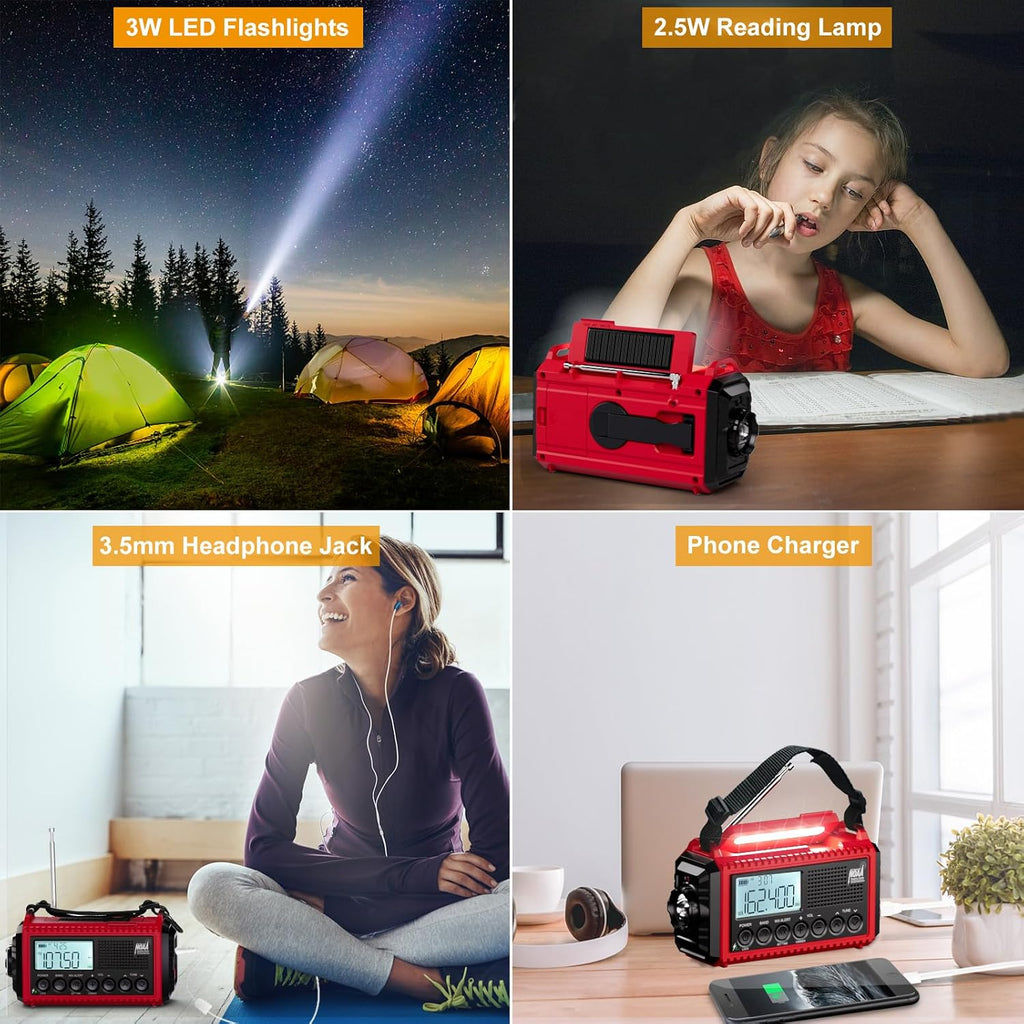 Emergency Radio, 5000mAh/18500mWh Weather Radio, Solar Hand Crank Emergency Radio with AM/FM/SW/NOAA, Cell Phone
