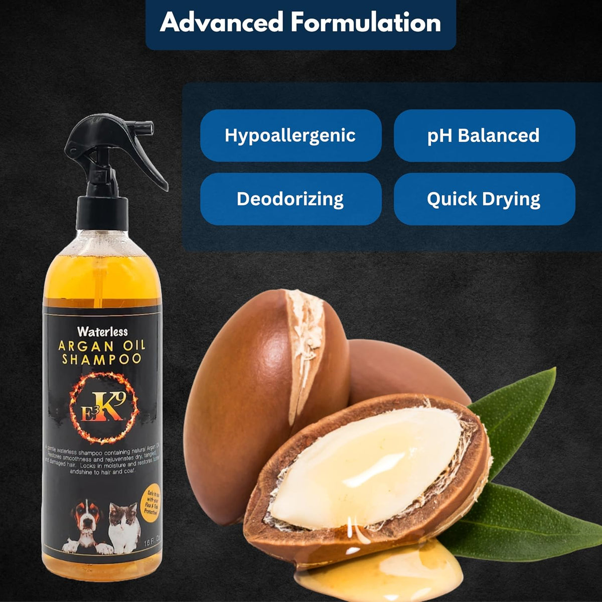K9 Waterless Dog Shampoo 16 oz - Argan Oil Scented Dry Shampoo for Dogs & Cats - No Rinse - Waterless Pet Shampoo for