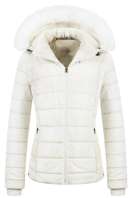 Ladies Short Puffer Jacket Women Cropped Winter Coat Parka With Removable Faux Fur Trim Hood 2XL White
