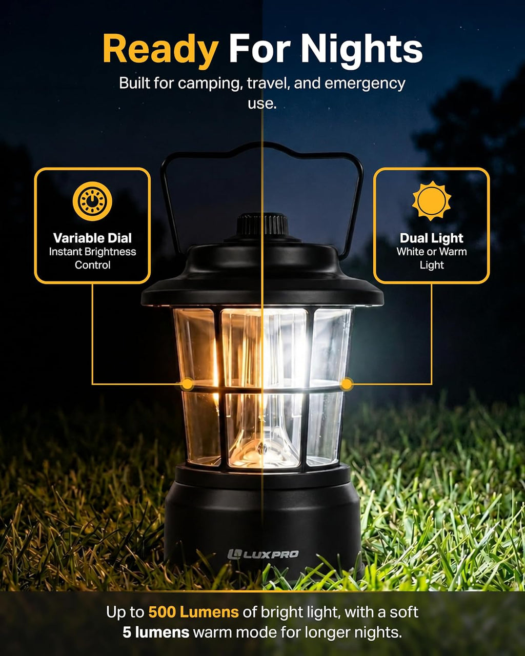 LP1536 Rechargeable Retro Lantern 500 Lumens Dual Power LED Camping Lantern, USB-C, Warm & White Dimmable Light