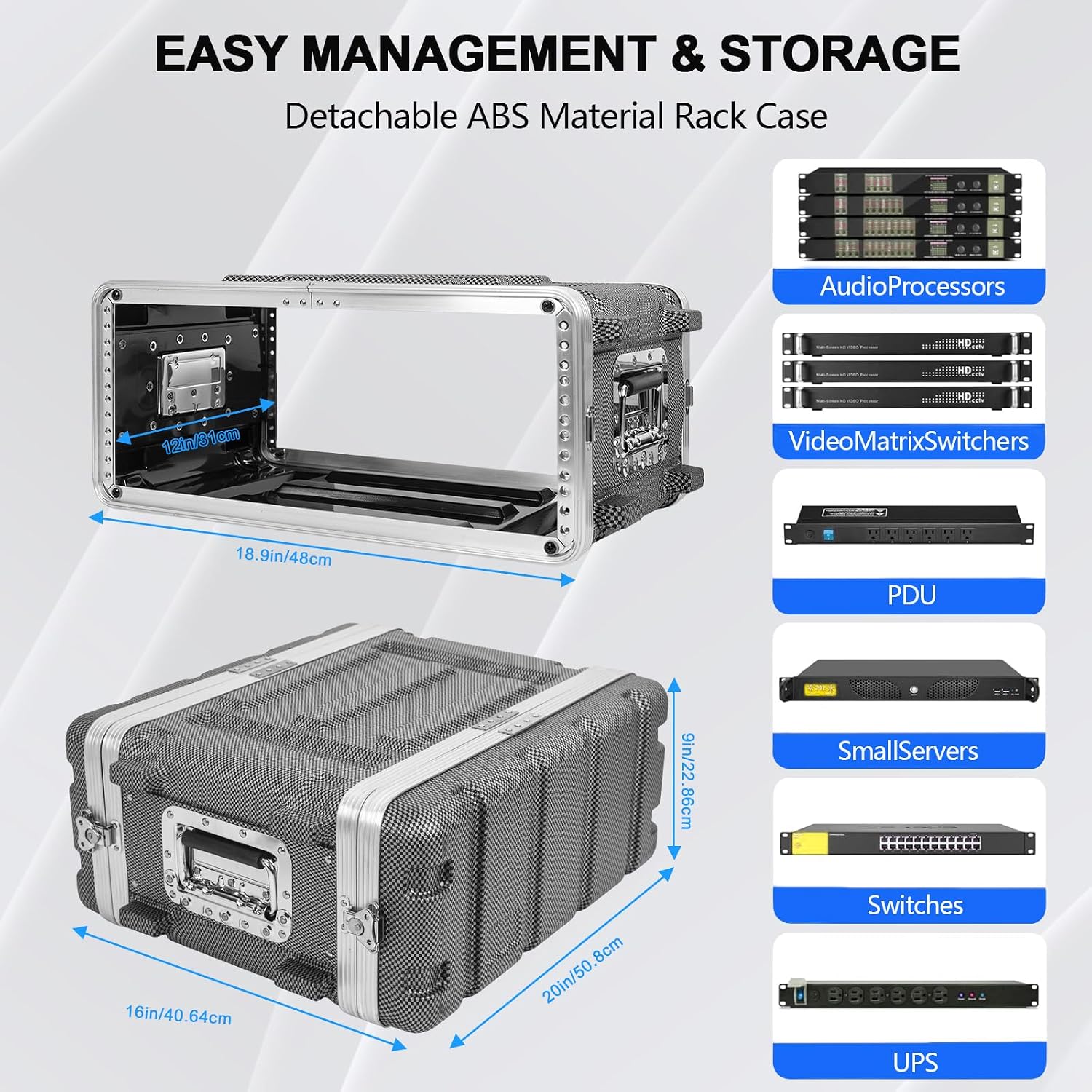 4U ABS Rack Case Shallow 12" Depth, 19" Rackmount Flight Road Travel Case, Waterproof Protective Hard Case with