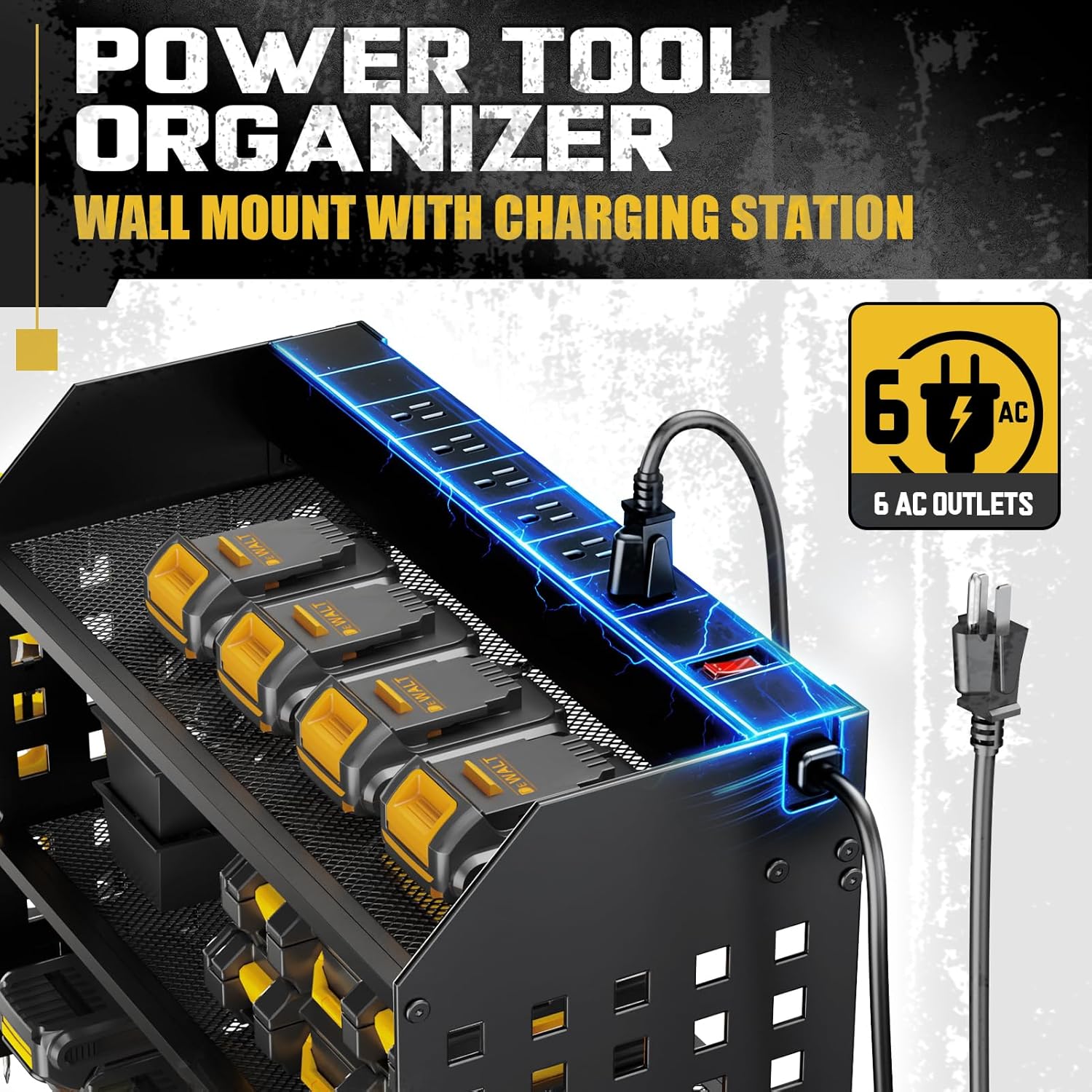Power Tool Organizer with Charging Station 6 Outlets, 3-Layer Heavy Duty Wall Mount Drill Storage Rack, Cordless Tool