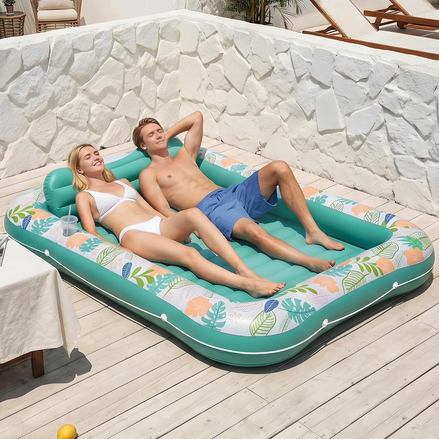 Inflatable Tanning Pool Lounger Float, Stonful 87" x 63" Pool Floats Adult with Pillow & Cup Holder, 4 in 1 Water