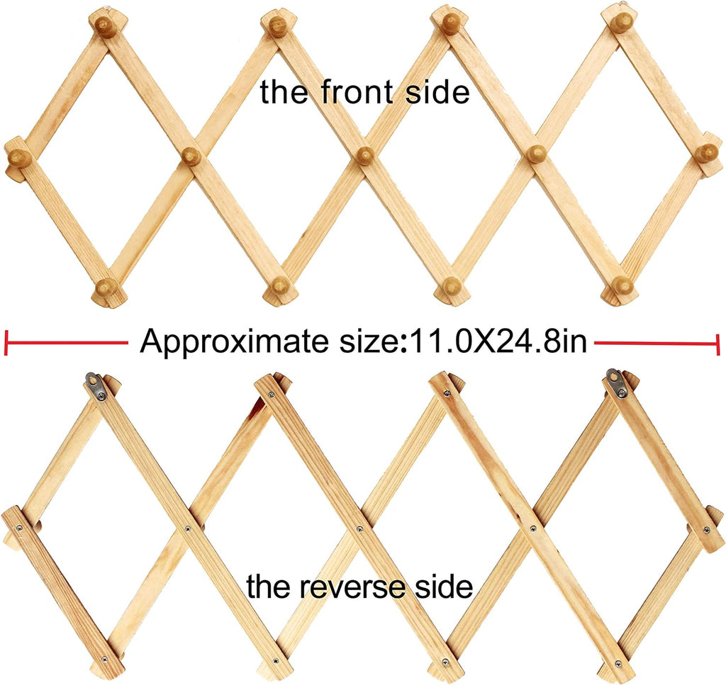 Accordion Style Expandable Wall Wooden Coat Rack 13 Hooks (Pegs) Hang Hats Jackets Coffee Mug Purses Necklaces Towels
