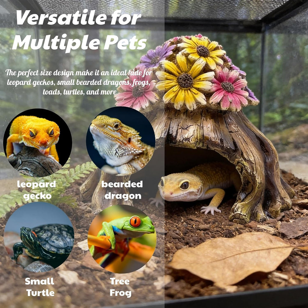 Humid Hide for Leopard Gecko – Resin Reptile Hide with Artificial Flowers, Tree Stump Cave for Crested Gecko Corn