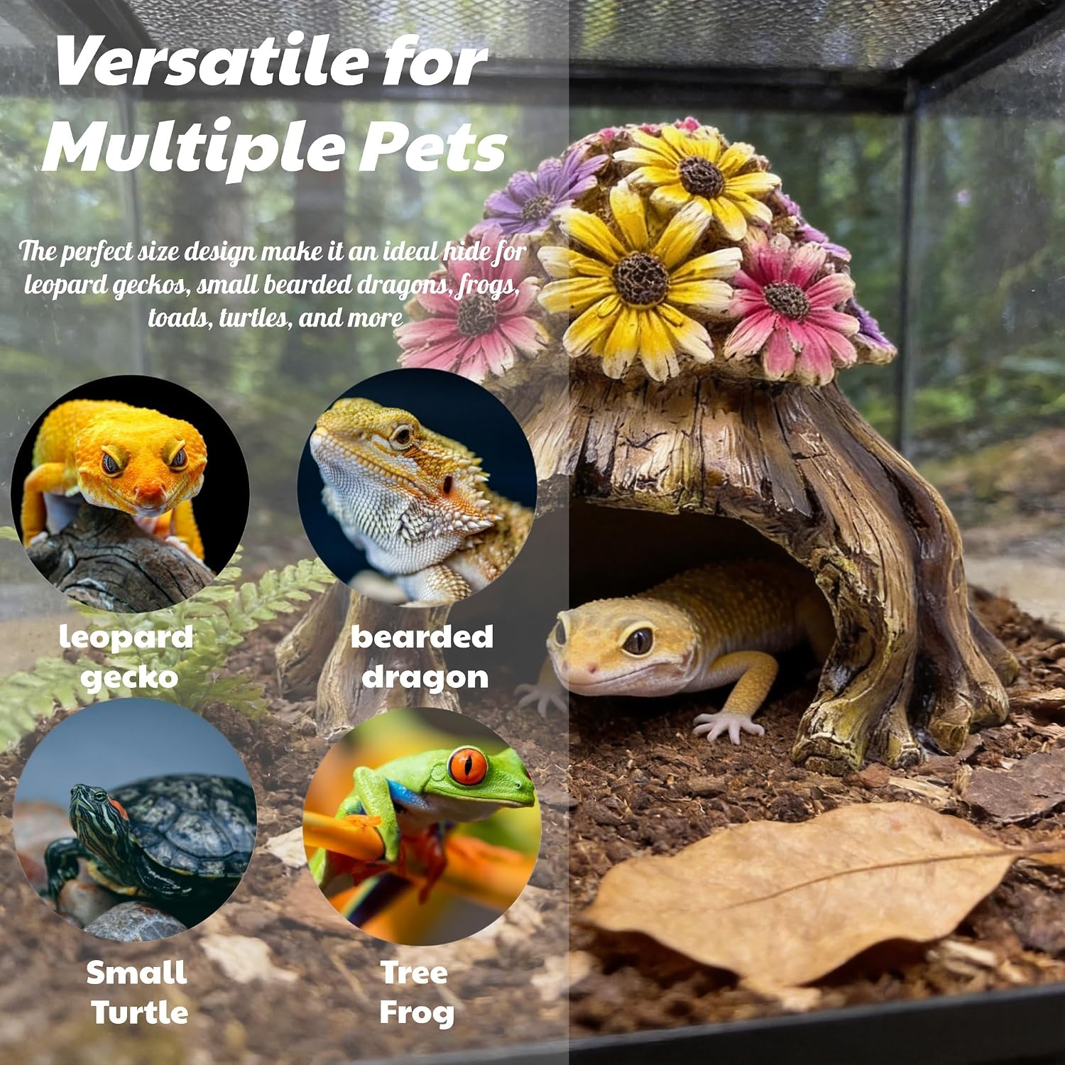 Humid Hide for Leopard Gecko – Resin Reptile Hide with Artificial Flowers, Tree Stump Cave for Crested Gecko Corn