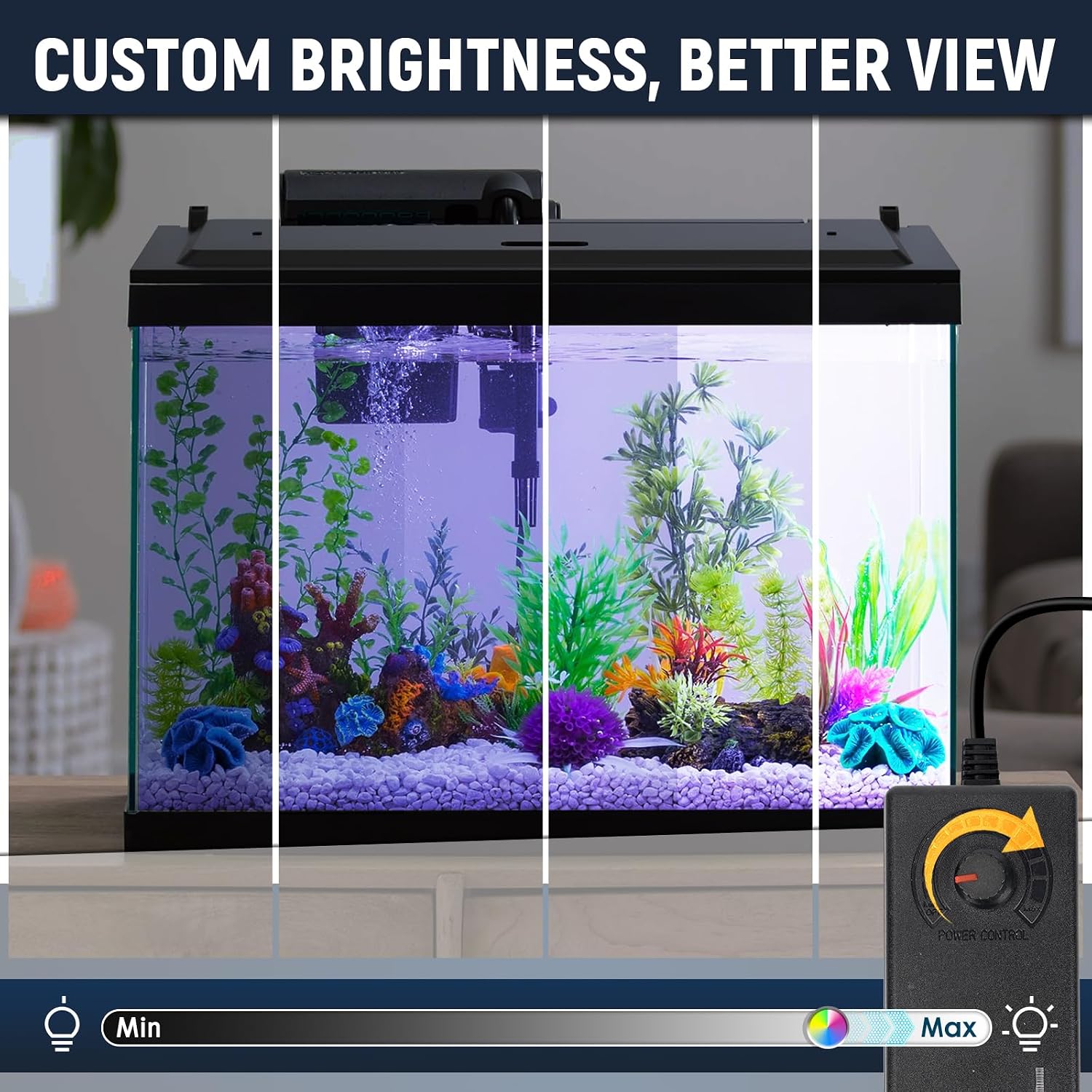 LED Aquarium Hood, Colored Lights, Fits 24" Framed Aquariums, Black | Adjustable-Brightness Colored Light Tubes