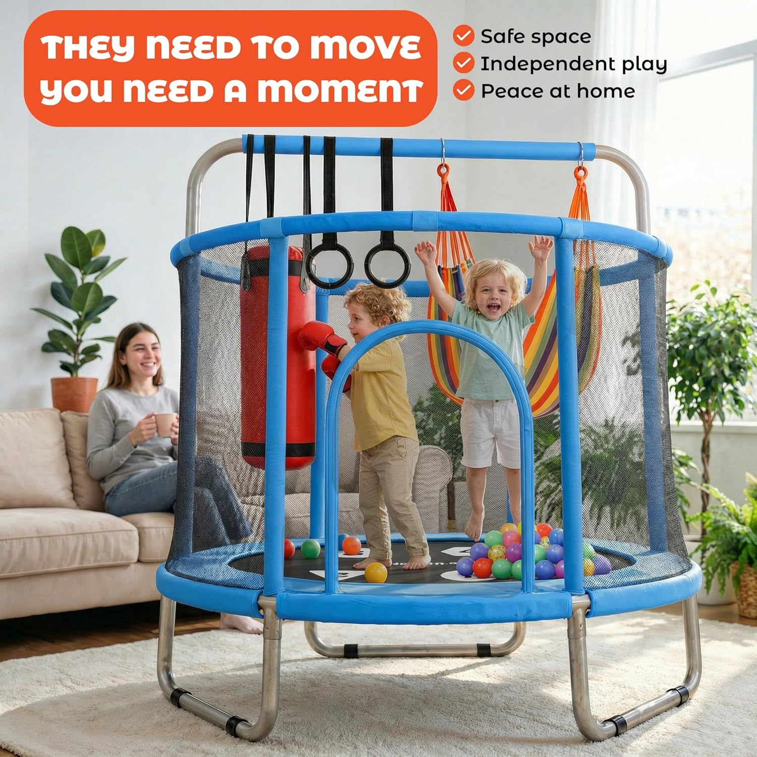 55’’ Trampoline for Kids with Safety Enclosure, Indoor & Outdoor Toddler Trampoline, Ultra Safe Design with Multi