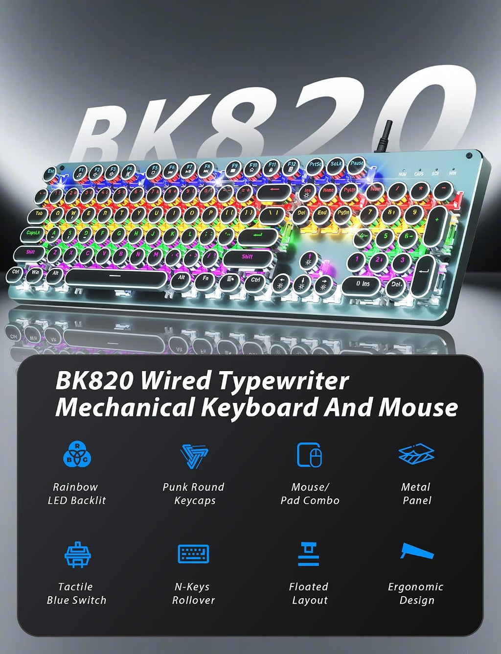 Typewriter Style Mechanical Gaming Keyboard Blue Switch, Rainbow LED Backlit Wired Computer Keyboards Mouse and Pad
