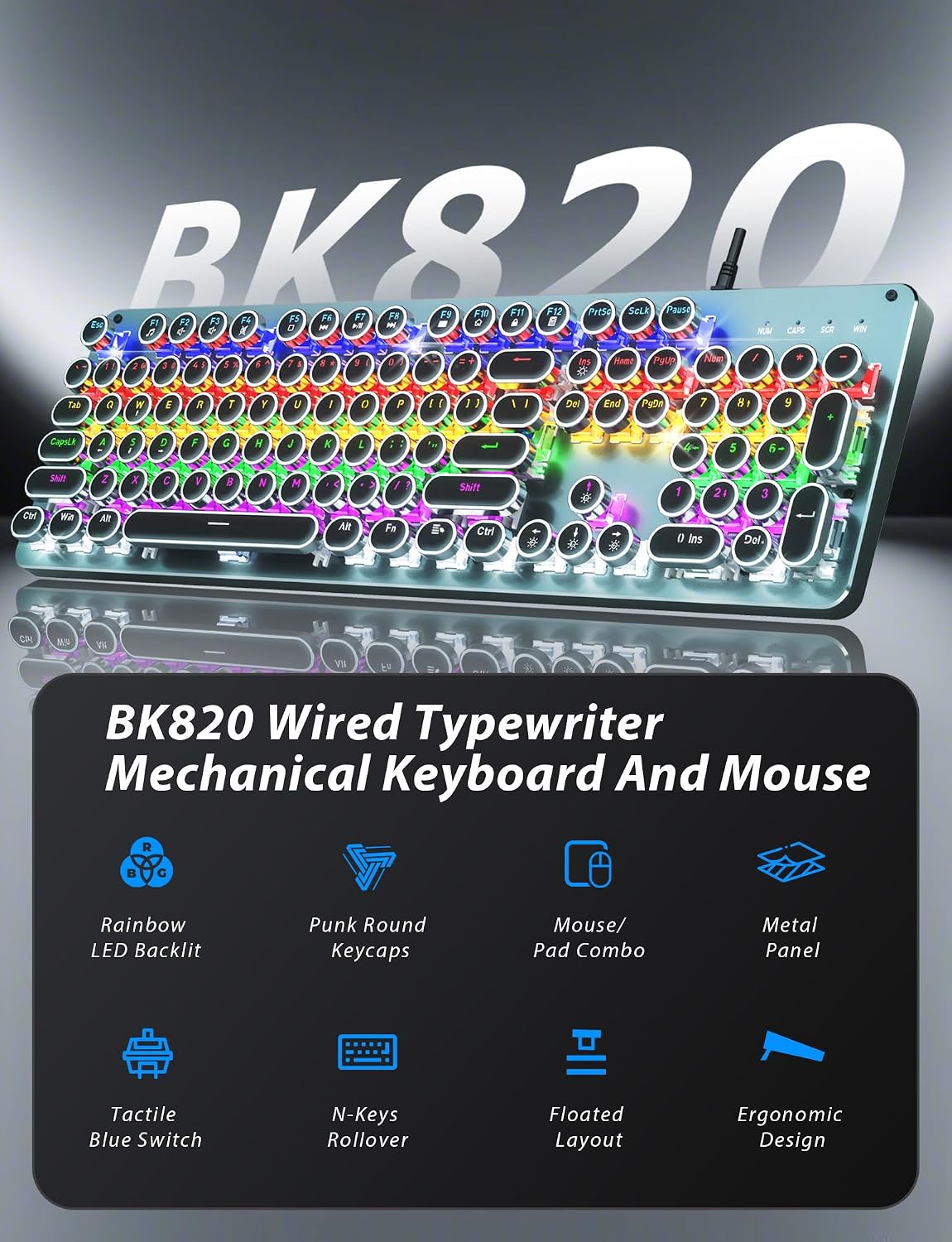 Typewriter Style Mechanical Gaming Keyboard Blue Switch, Rainbow LED Backlit Wired Computer Keyboards Mouse and Pad