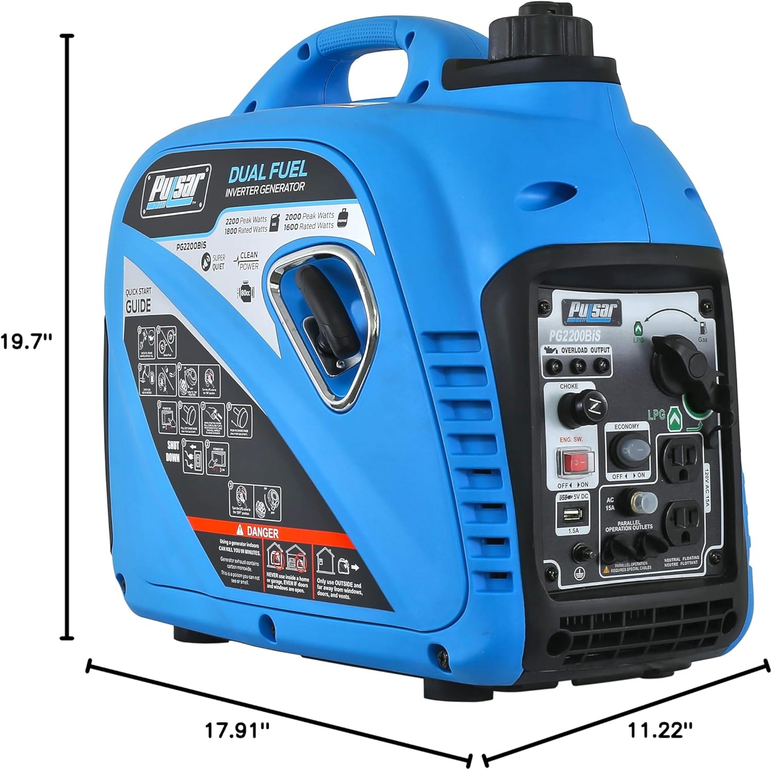 2,200W Portable Dual Fuel Quiet Inverter Generator with USB Outlet & Parallel Capability, CARB Compliant, PG2200BiS