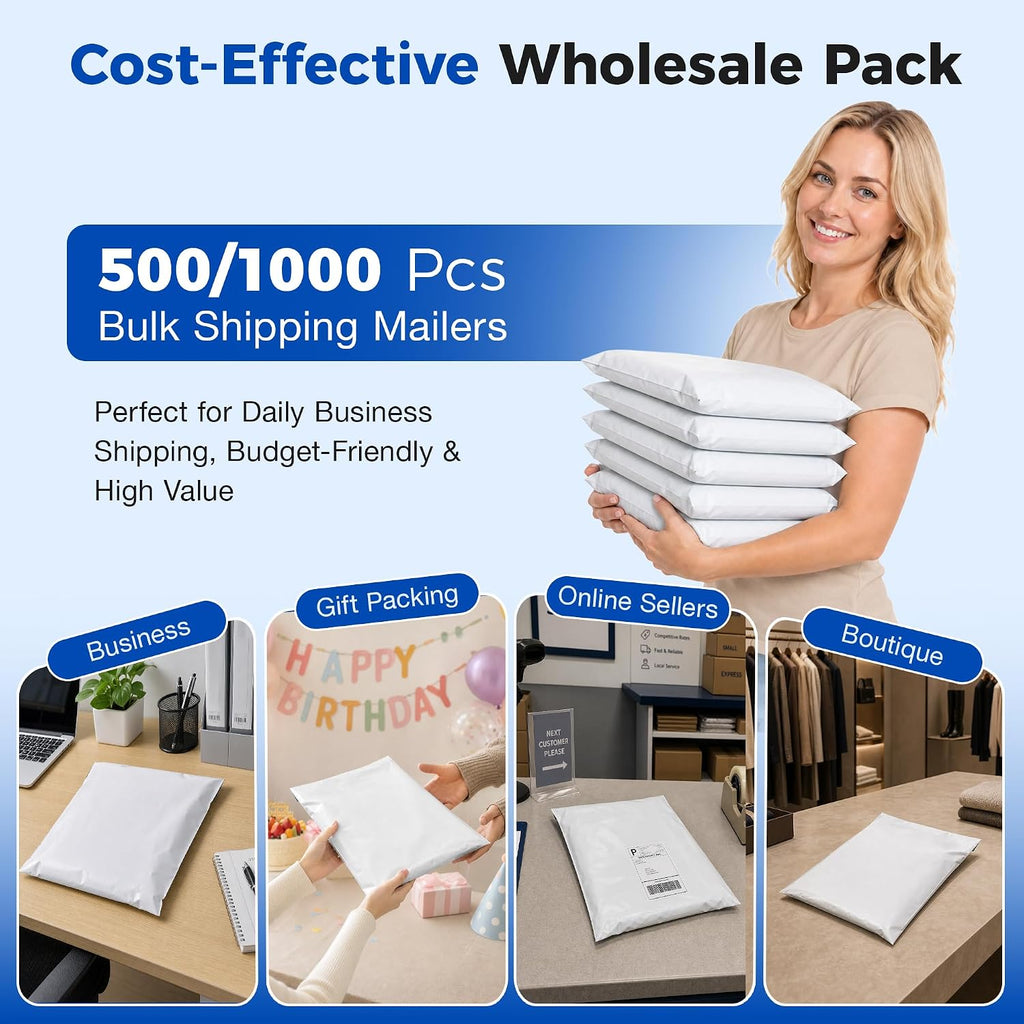 Bulk Pack 1000 Pcs White Poly Mailers 9x12 Inch