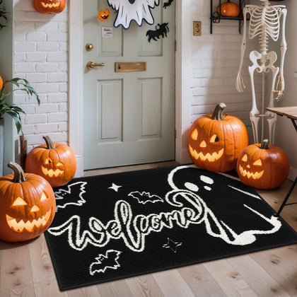 Halloween Door Mat 32x48inch,Black Ghost Welcome Doormat, Non Slip Low Profile Entryway Mat, Halloween Decor Front
