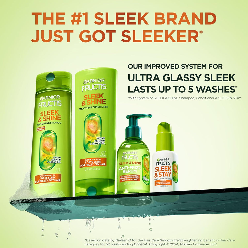 Fructis Sleek & Shine Shampoo, Conditioner + Leave-In Conditioer Set for Frizzy, Dry Hair, Plant Keratin + Argan Oil