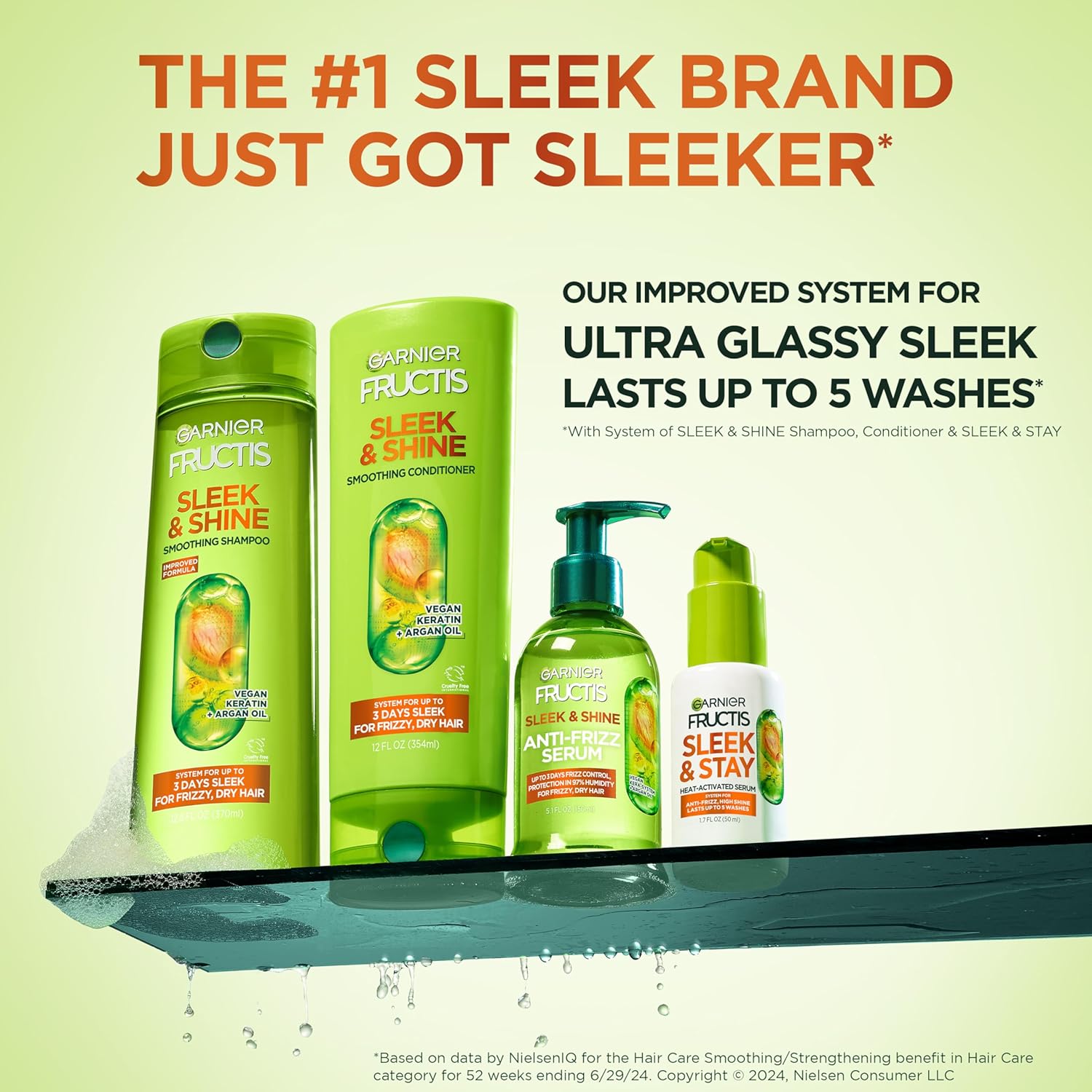 Fructis Sleek & Shine Shampoo, Conditioner + Leave-In Conditioer Set for Frizzy, Dry Hair, Plant Keratin + Argan Oil