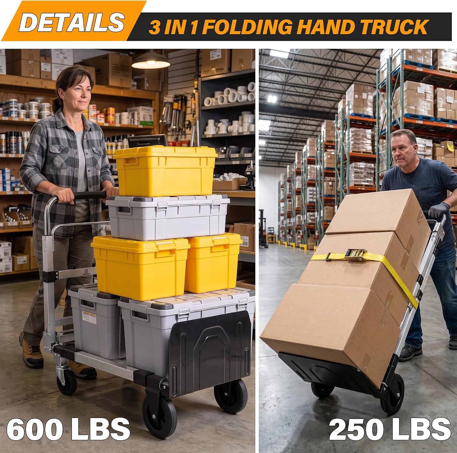 3 in 1 Convertible Hand Truck Hand, Folding Hand Truck with 2 Straps | 600 LBS Break Strength Convertible Dolly, 4