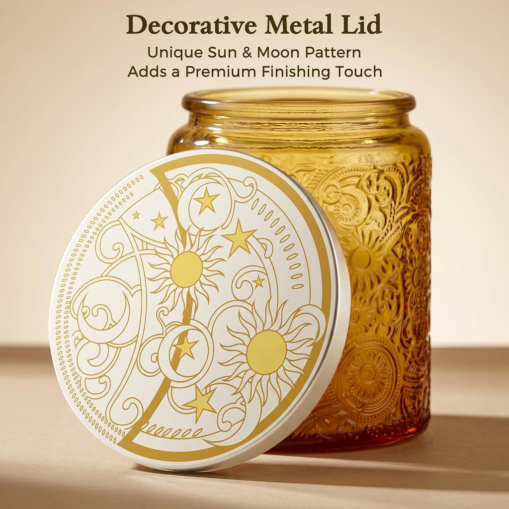 8 oz Orange Sun Moon Stars Candle Jars with Metal Lids, 9 Pack | Patented Embossed Design, Includes Wick Centering