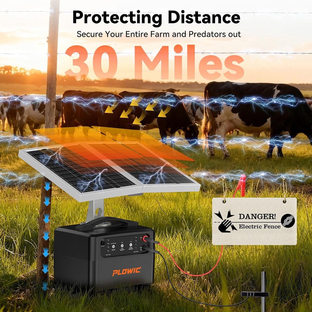 Solar Electric Fence Charger for Livestock: 30 Miles Solar Fence Charger, 12KV 1.5J Output Electric Fence Energizer