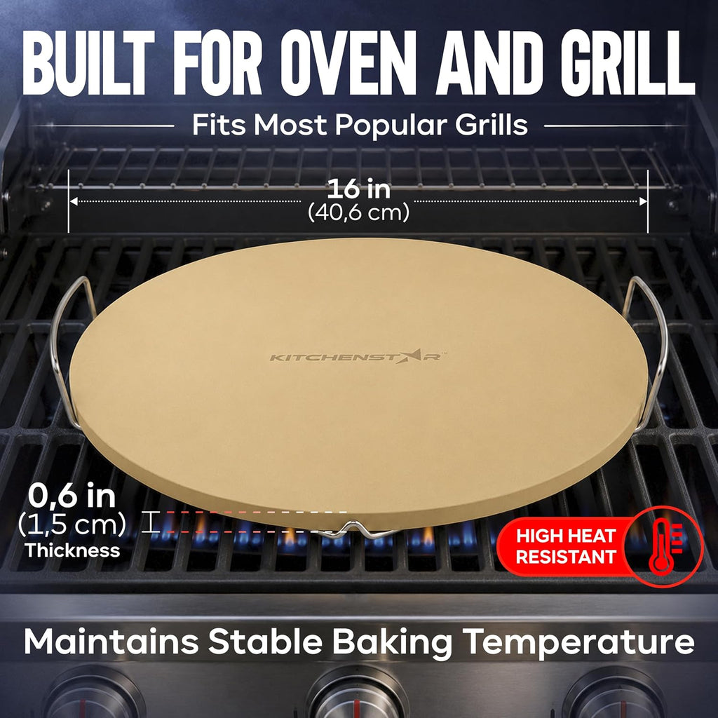16-inch Pizza Stone for Oven and BBQ Grill with Handles, Round, 5/8" Thick - Natural Cordierite, 1800 °F Resistant
