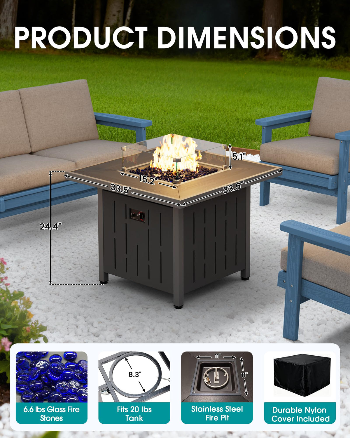 33" Square Outdoor Fire Pit Table with Lid, Black