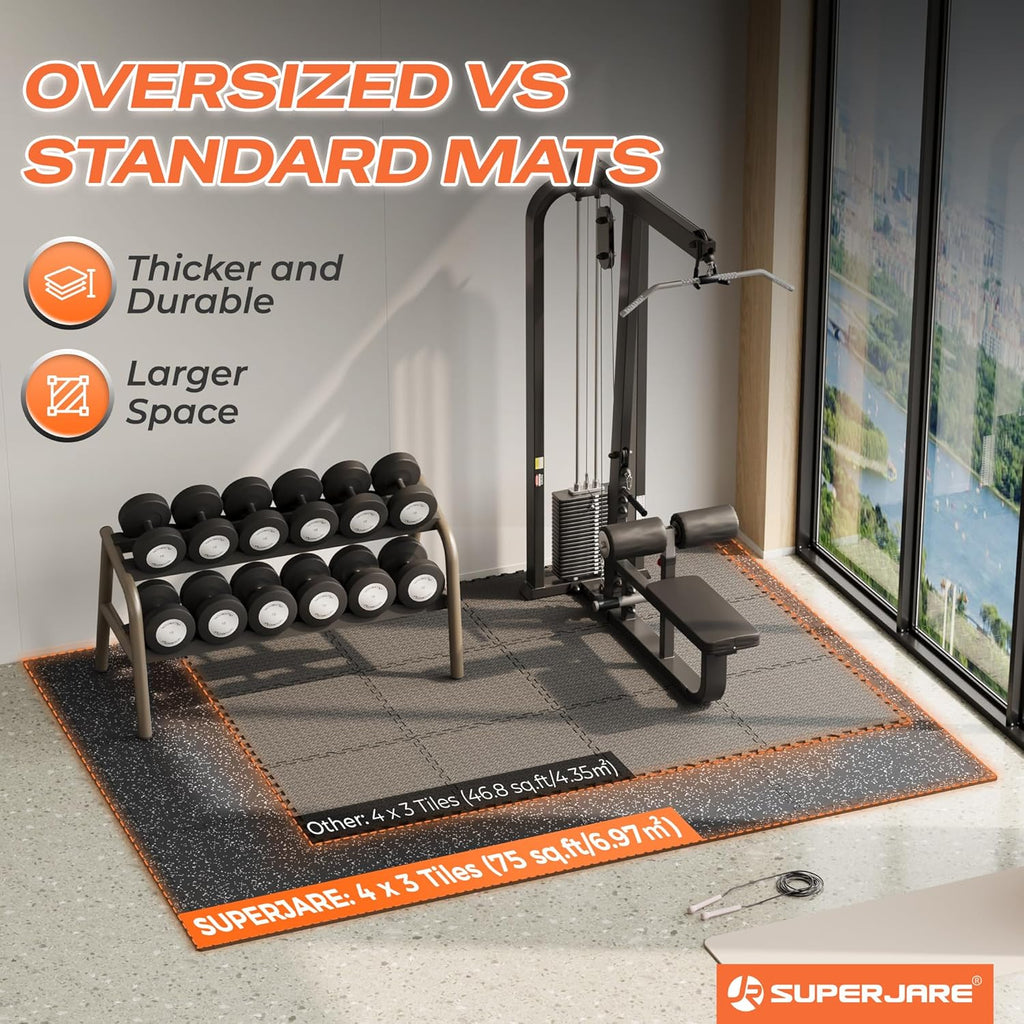 30" x 30" Larger Rubber Top Exercise Equipment Mats, 0.56" Thick 12PCS 75 Sq Ft High-Density EVA Foam Interlocking