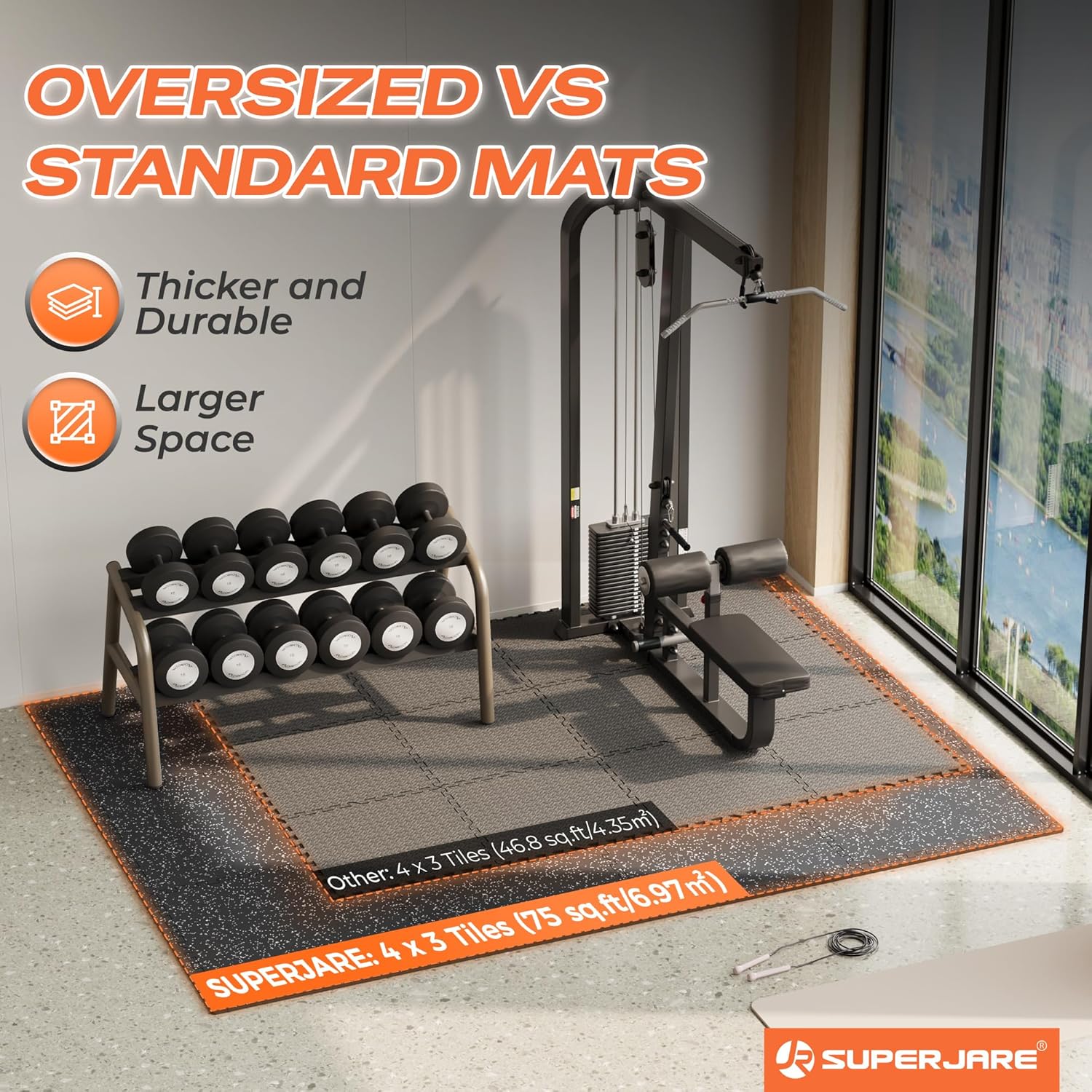 30" x 30" Larger Rubber Top Exercise Equipment Mats, 0.56" Thick 12PCS 75 Sq Ft High-Density EVA Foam Interlocking