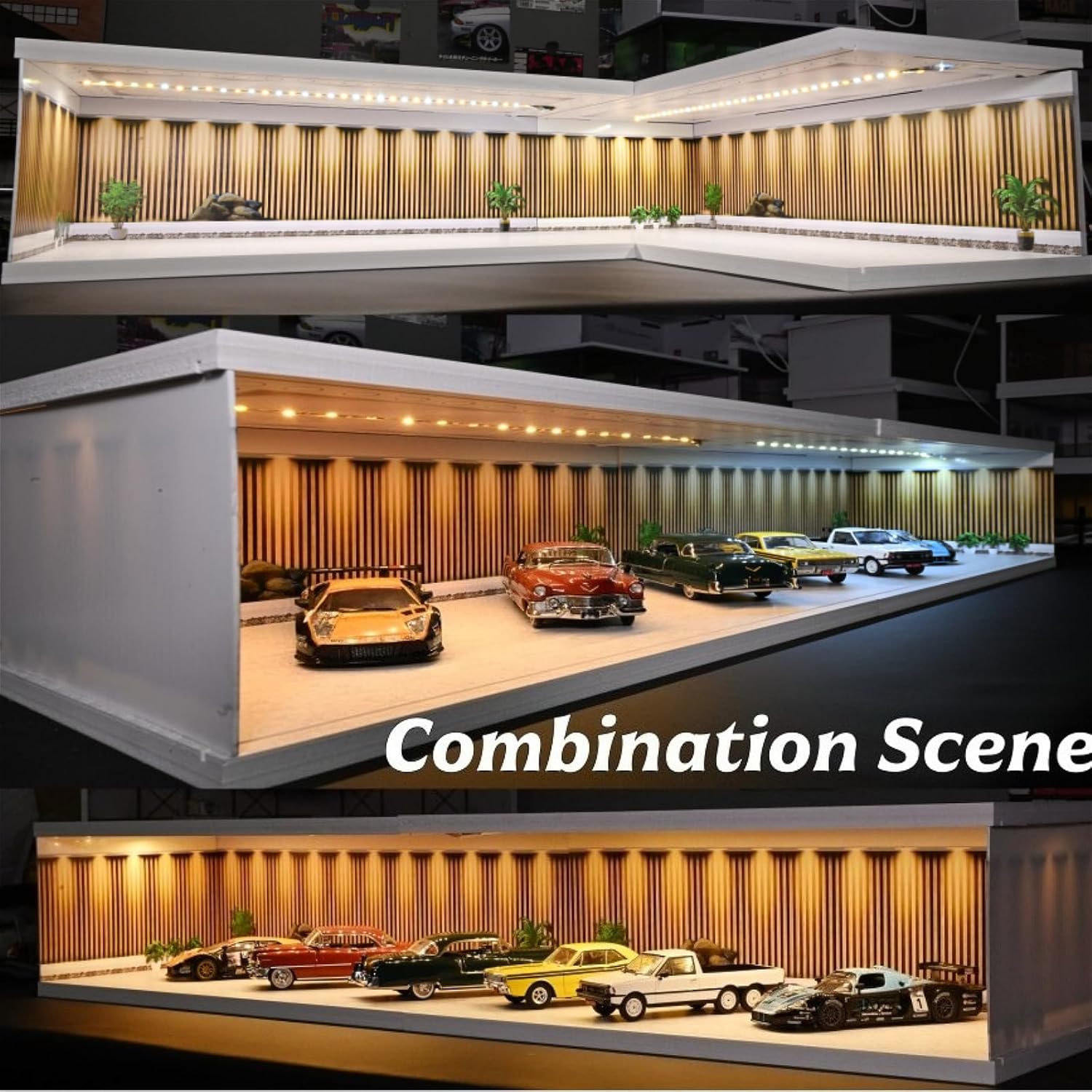 Diorama 1:64 Display Case for Hot Wheels Matchbox Mini GT Diecast Cars | Stackable 1/64 3-Color LED Car Garage