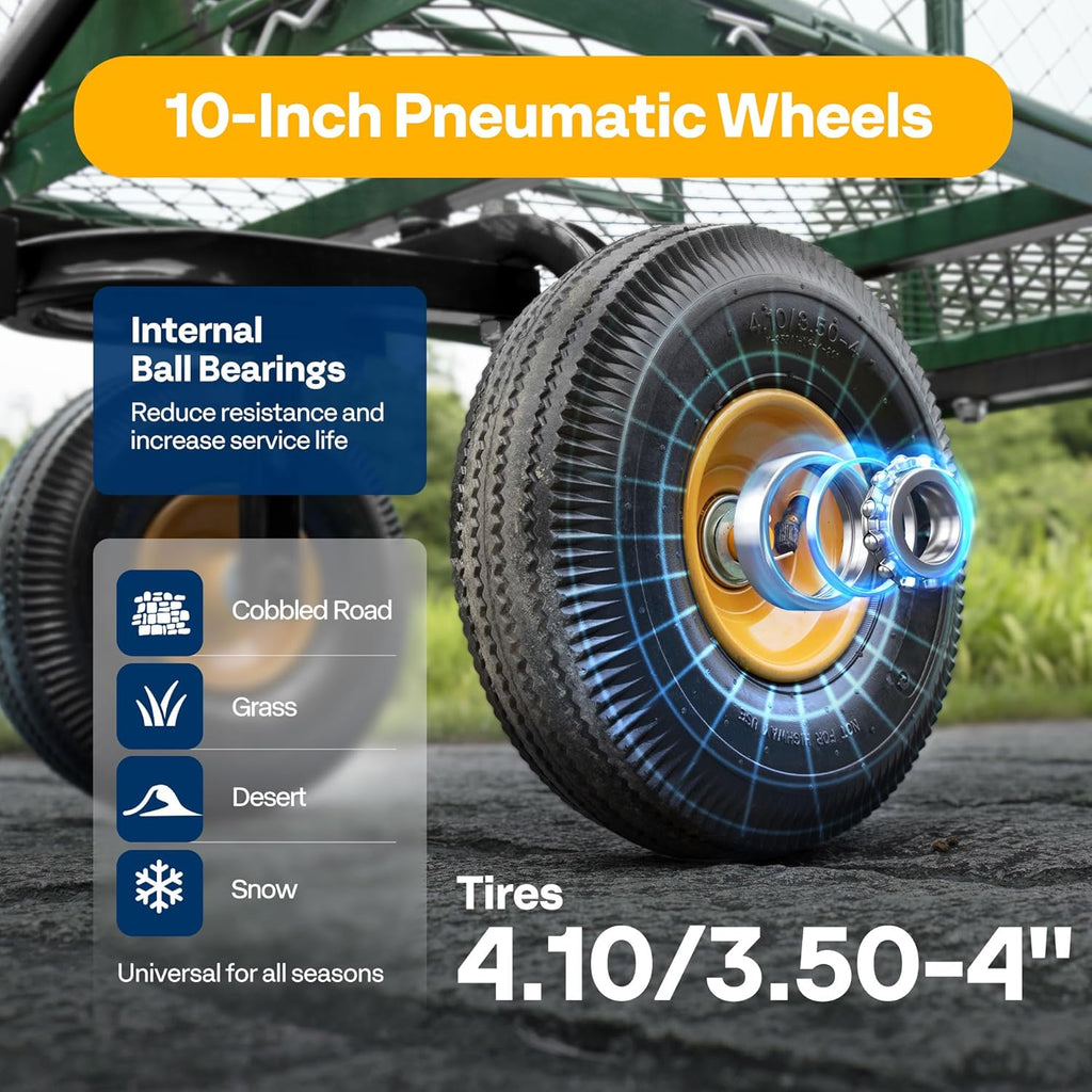 Heavy Duty 880 Lbs Capacity Mesh Steel Garden Cart Folding Utility Wagon with Removable Sides and 4.10/3.50-4" Wheels