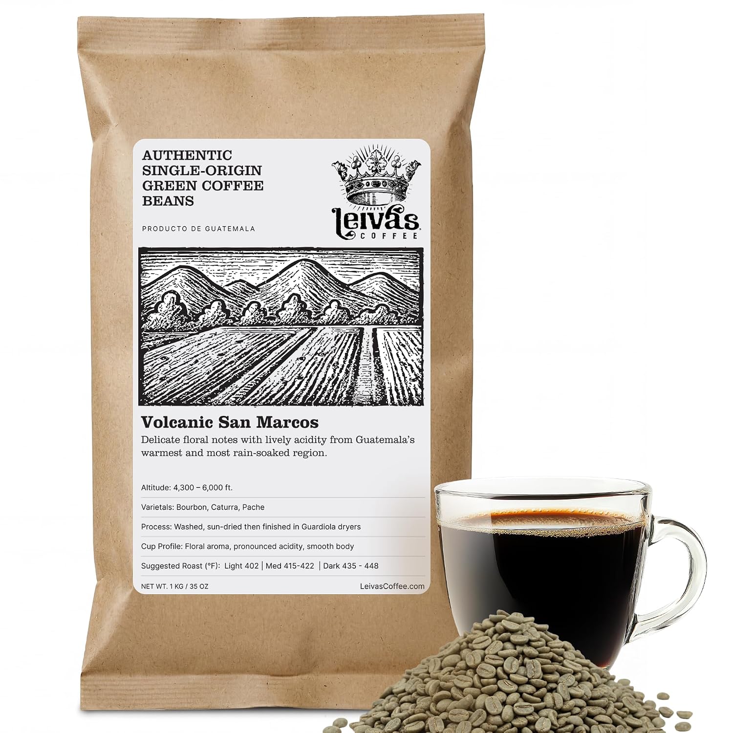 Leiva's Unroasted Green Coffee Beans Volcanic San Marcos 1kg (35 oz)