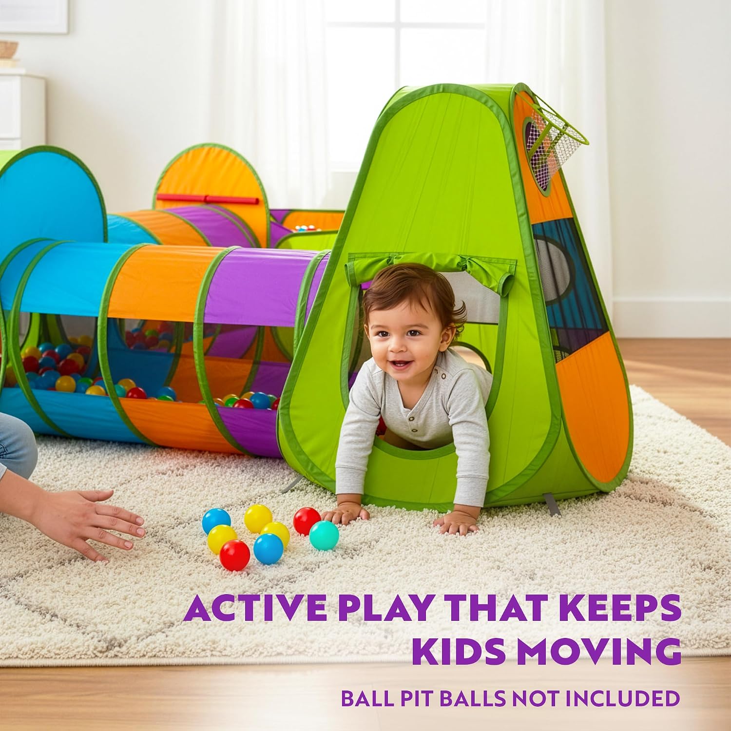 5-Piece Kids Pop up Play Tent Crawl Tunnel and Ball Pit with Basketball Hoop Playhouse for Boys, Girls, Babies, and