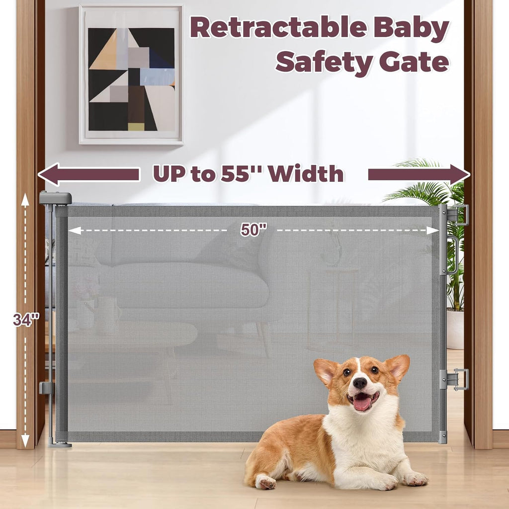 Retractable Baby Gate for Stairs & Doorways, Mesh Dog Gate Indoor Outdoor, Extends to 55" Wide 34" Tall Child Gate