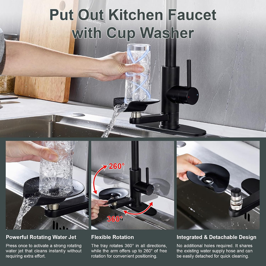 Kitchen Faucets with Glass Rinser Single Handle Kitchen Sink Faucet with Pull Out Sprayer, 1 or 3 Hole, High Arc Cup