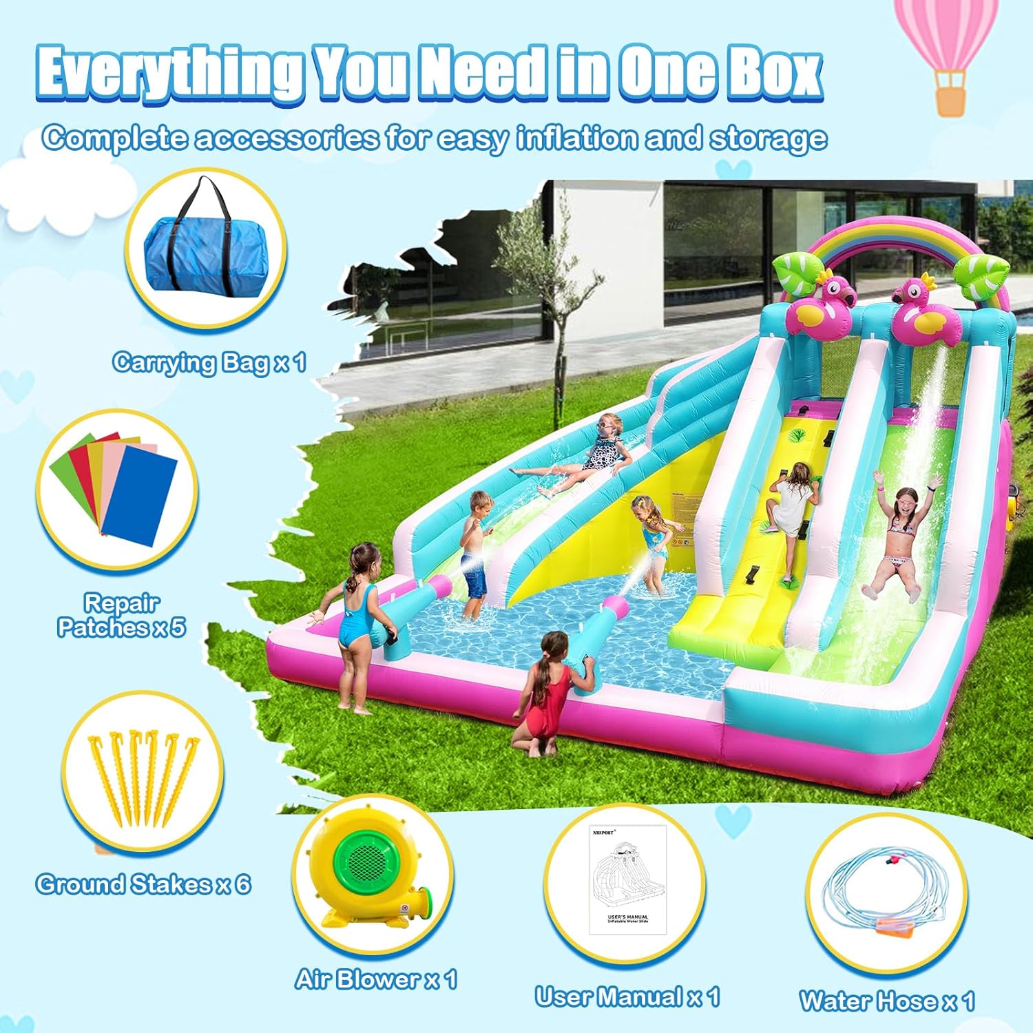 Inflatable Water Slide, 6 in 1 Blow Up Water Park Aged 3-10, Flamingo Style Water Bounce House with Double Long