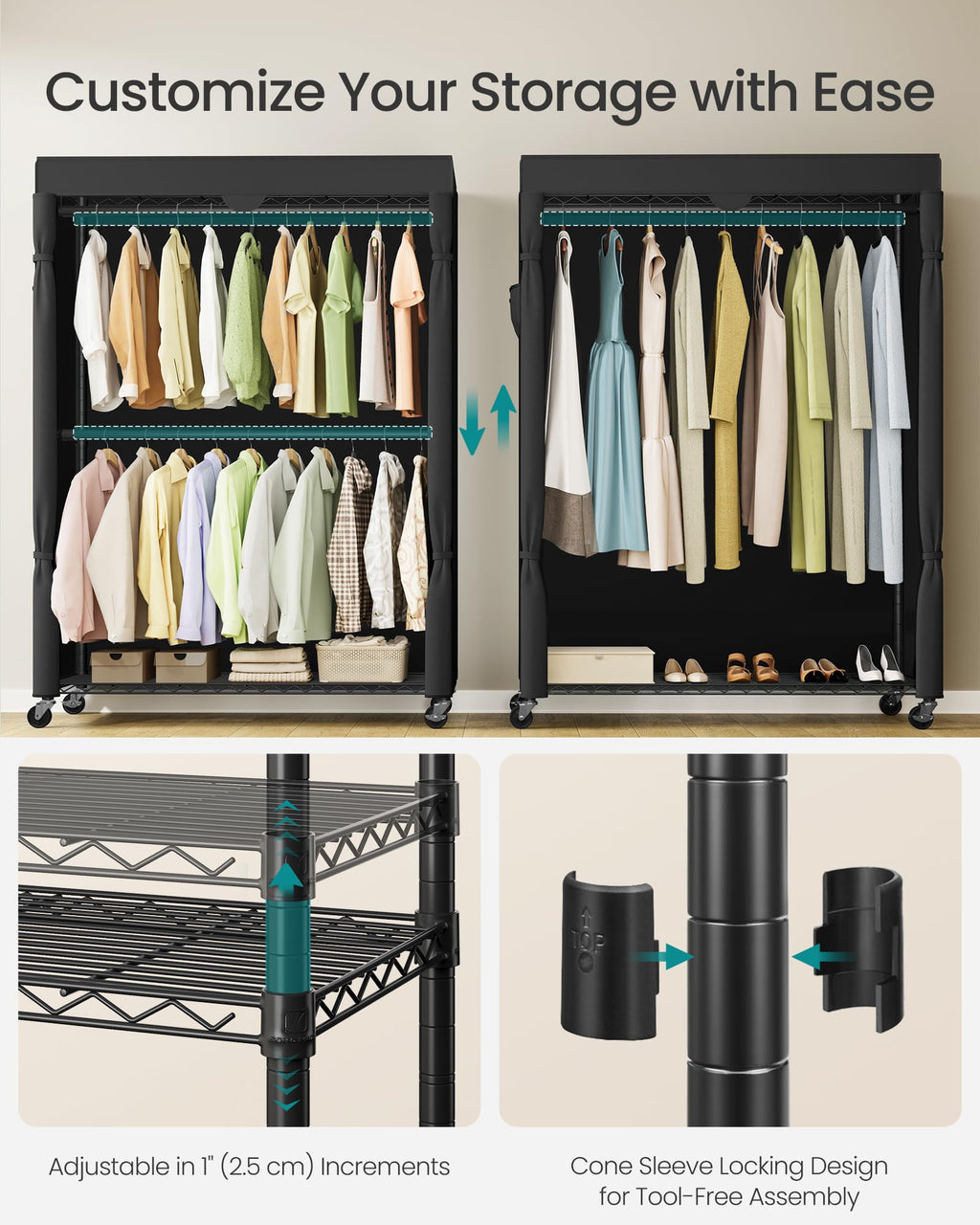 Heavy-Duty Clothes Rack, Portable Closet on Wheels, Fabric Cover