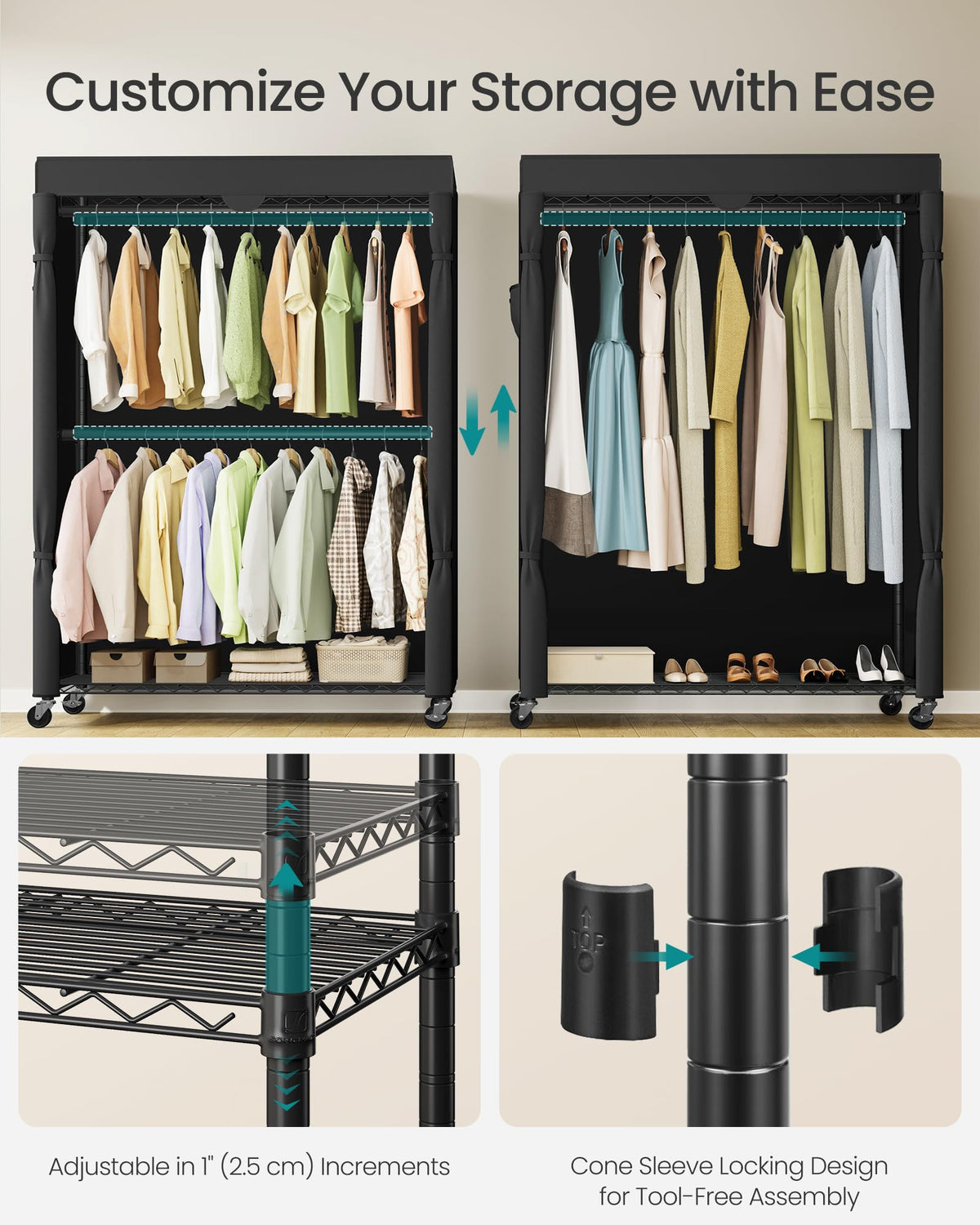 Heavy-Duty Clothes Rack, Portable Closet on Wheels, Fabric Cover