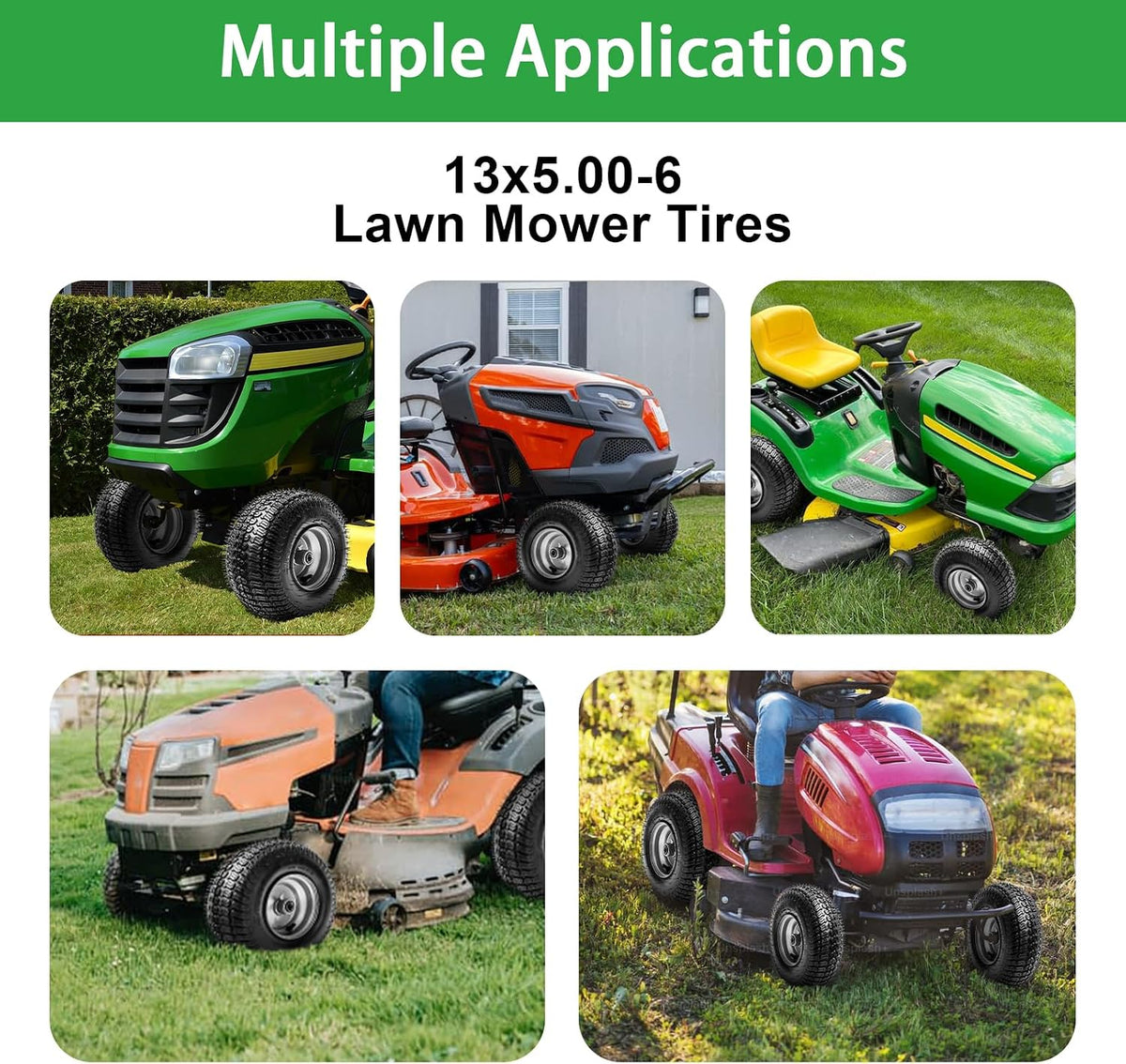 13x5.00-6 Rubber Lawn Mower Tire and Wheel, 4-Ply Tubeless Pneumatic Front Tires Replacement Riding Lawn Mowers &