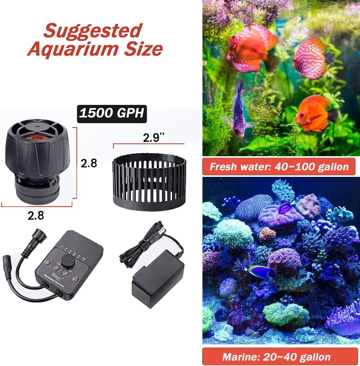 Adjustable Flow Aquarium Wave Maker 24V DC Quiet Magnetic Powerhead Pump with Controller Fish Guard, 1500 GPH Fish