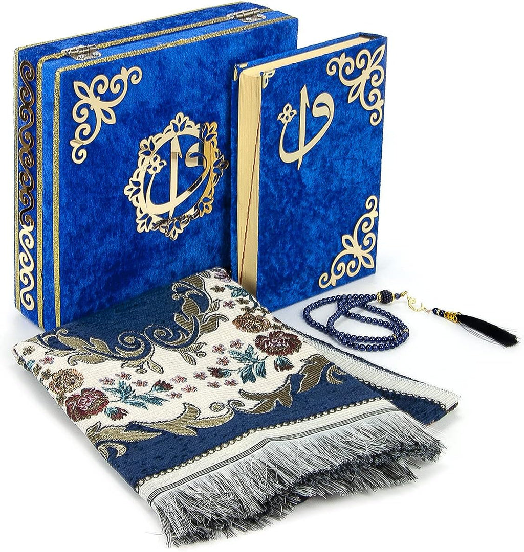 Luxury Islamic Prayer Velvet Covered Gift Box, Deluxe 4 Piece Set with Elegant Velvet Covered Quran & Prayer Beads
