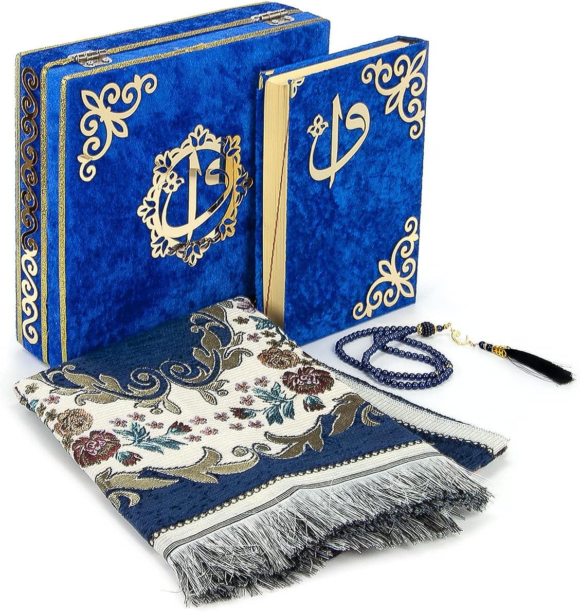 Luxury Islamic Prayer Velvet Covered Gift Box, Deluxe 4 Piece Set with Elegant Velvet Covered Quran & Prayer Beads
