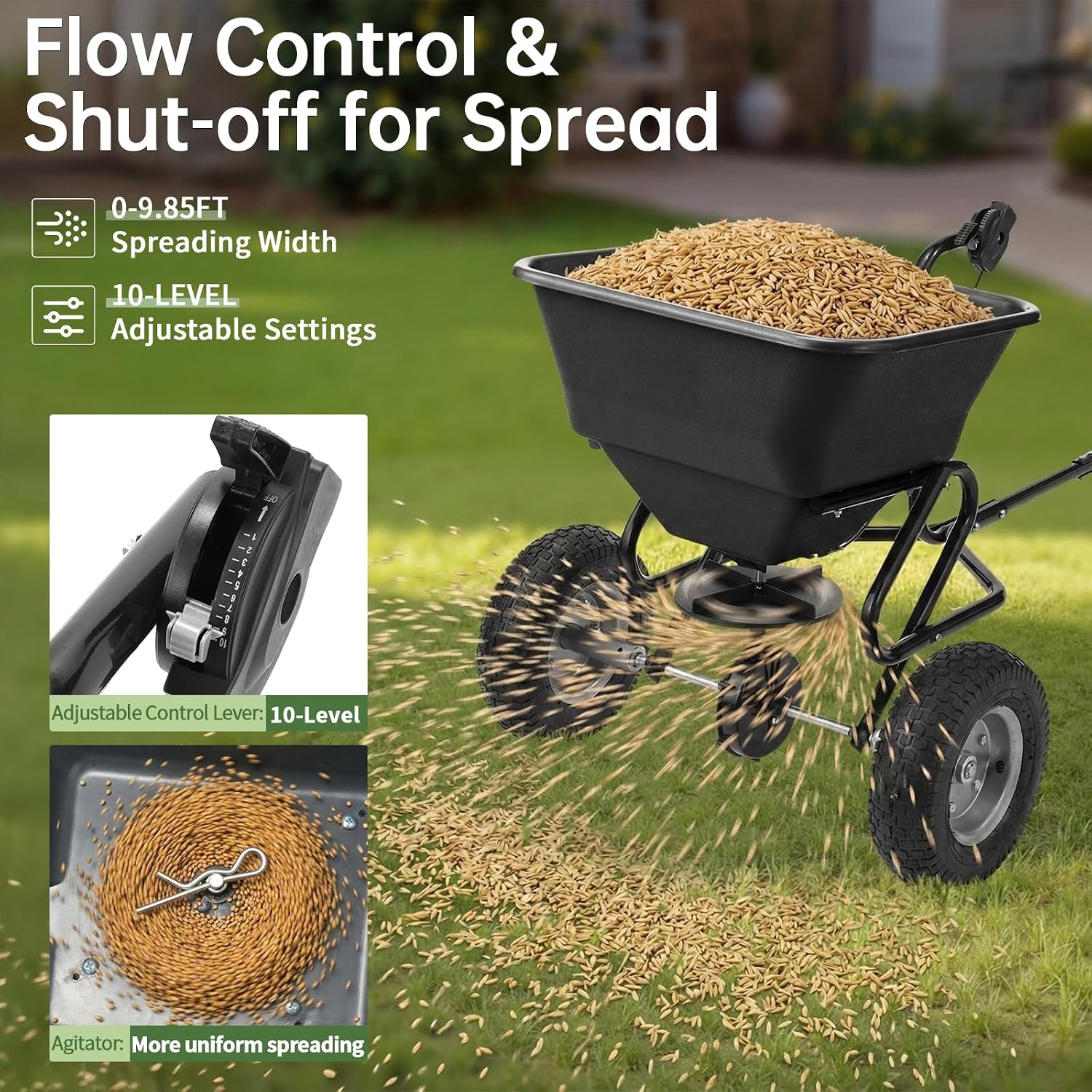 130 LBS Heavy Tow Behind Fertilizer Spreader with Universal Hitch | 130 lbs large capacity &10 adjustable spread