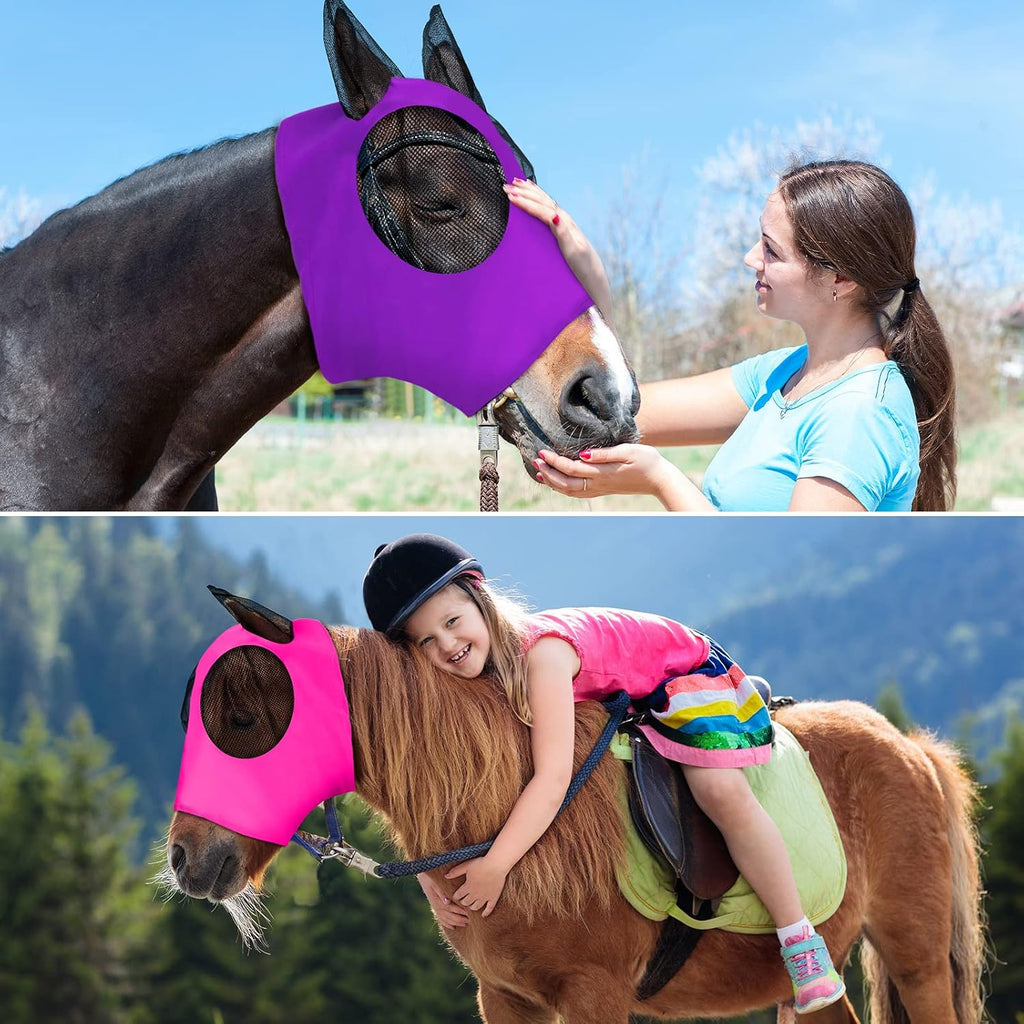 2 Pcs Mesh Horse Fly Mask with Ears, L, Purple, Pink