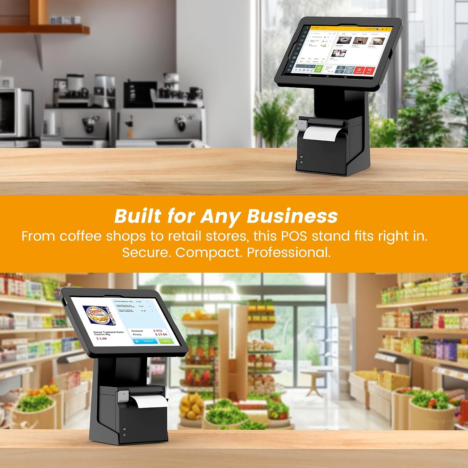 All-in-One Tablet POS Stand with Printer Compartment, All Metal Desktop Kiosk with Key Lock, 90° Flip Enclosure