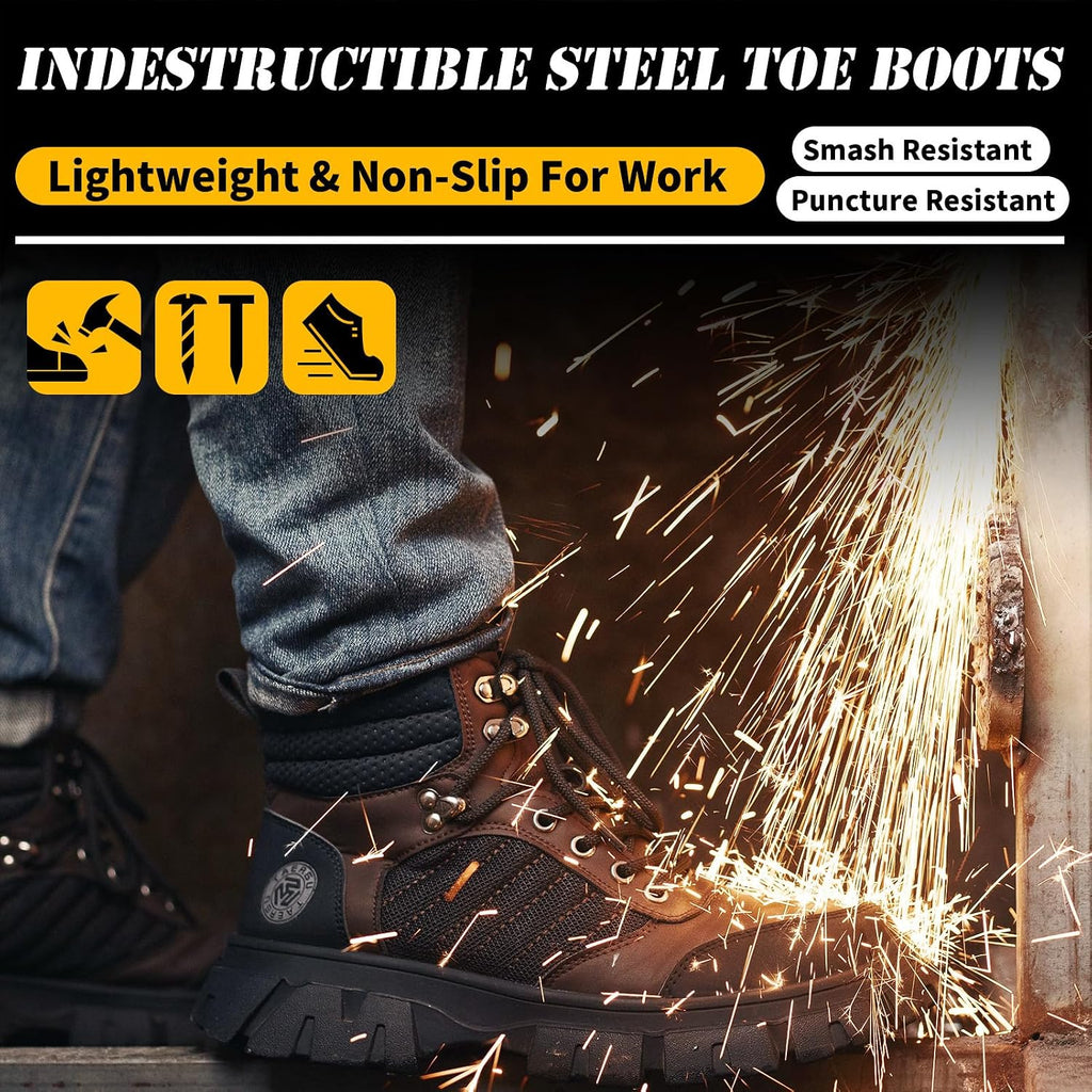 Waterproof Steel Toe Boots For Men-6 Inch Comfortable Mens Safety Work Boots Indestructible Steel Toe Shoes