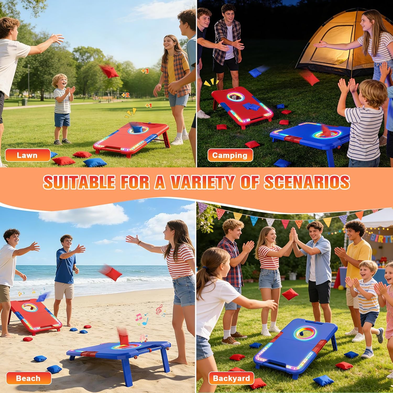 Portable Cornhole Board Set with LED Lights, Scoring & Sound Effects | 2 Foldable Boards & 8 Bean Bags for Backyard