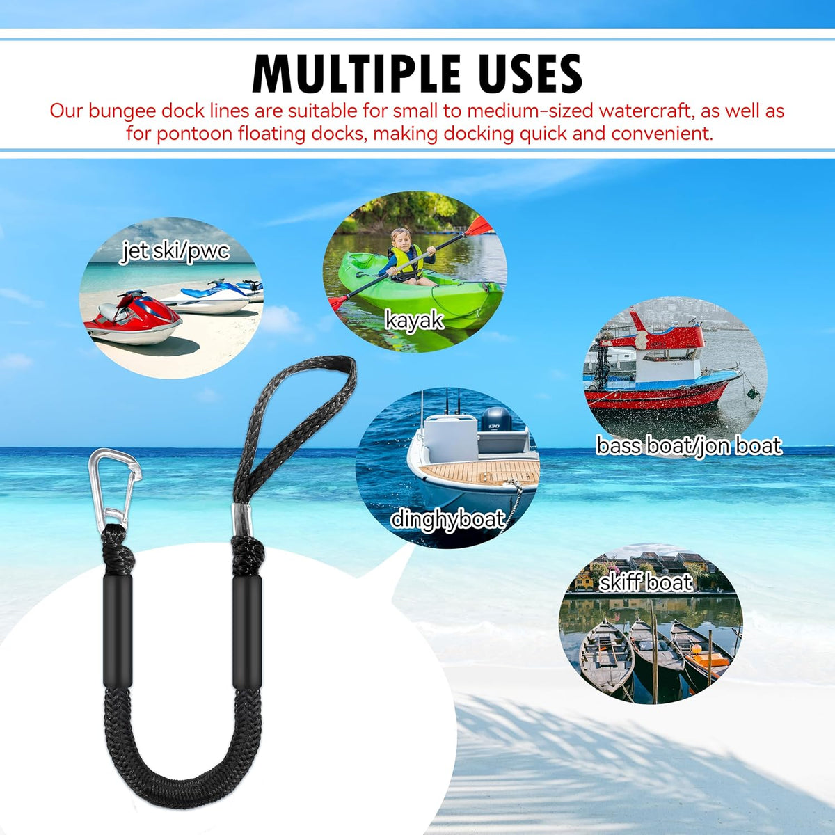 Single Hook Bungee Dock Lines – Adjustable Boat Tie Downs for Pontoon, Jet Ski, PWC, Kayak | Small Cruiser Mooring